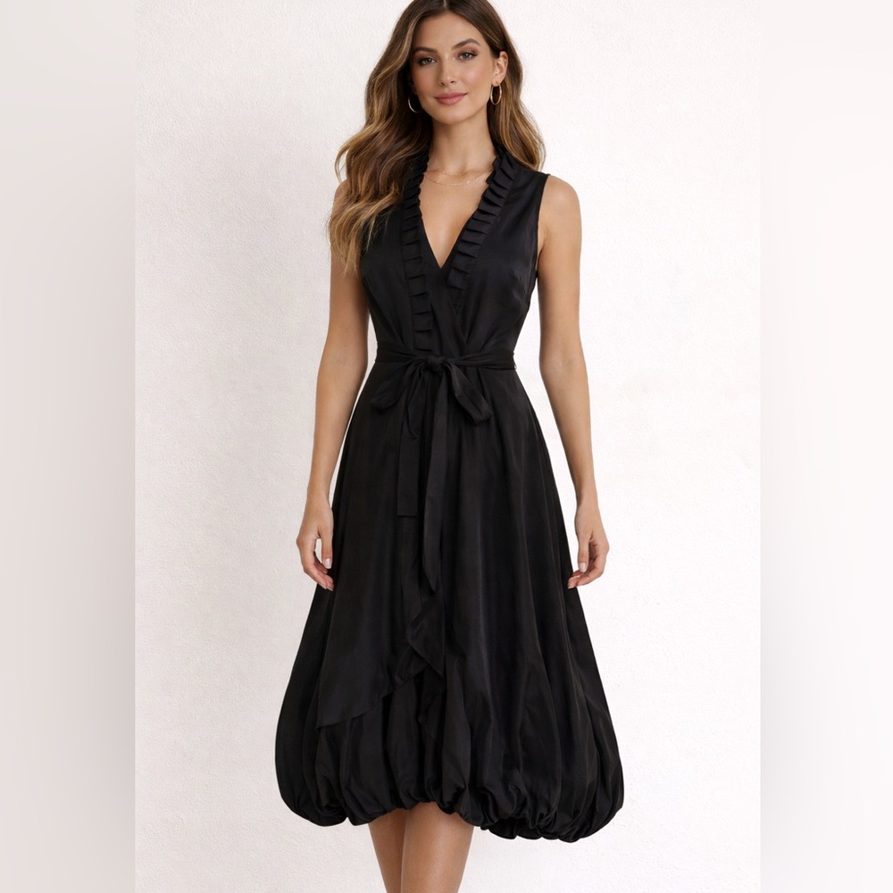 Saint Gil Paris Black Sleeveless Bubble Hem Couture Midi Dress